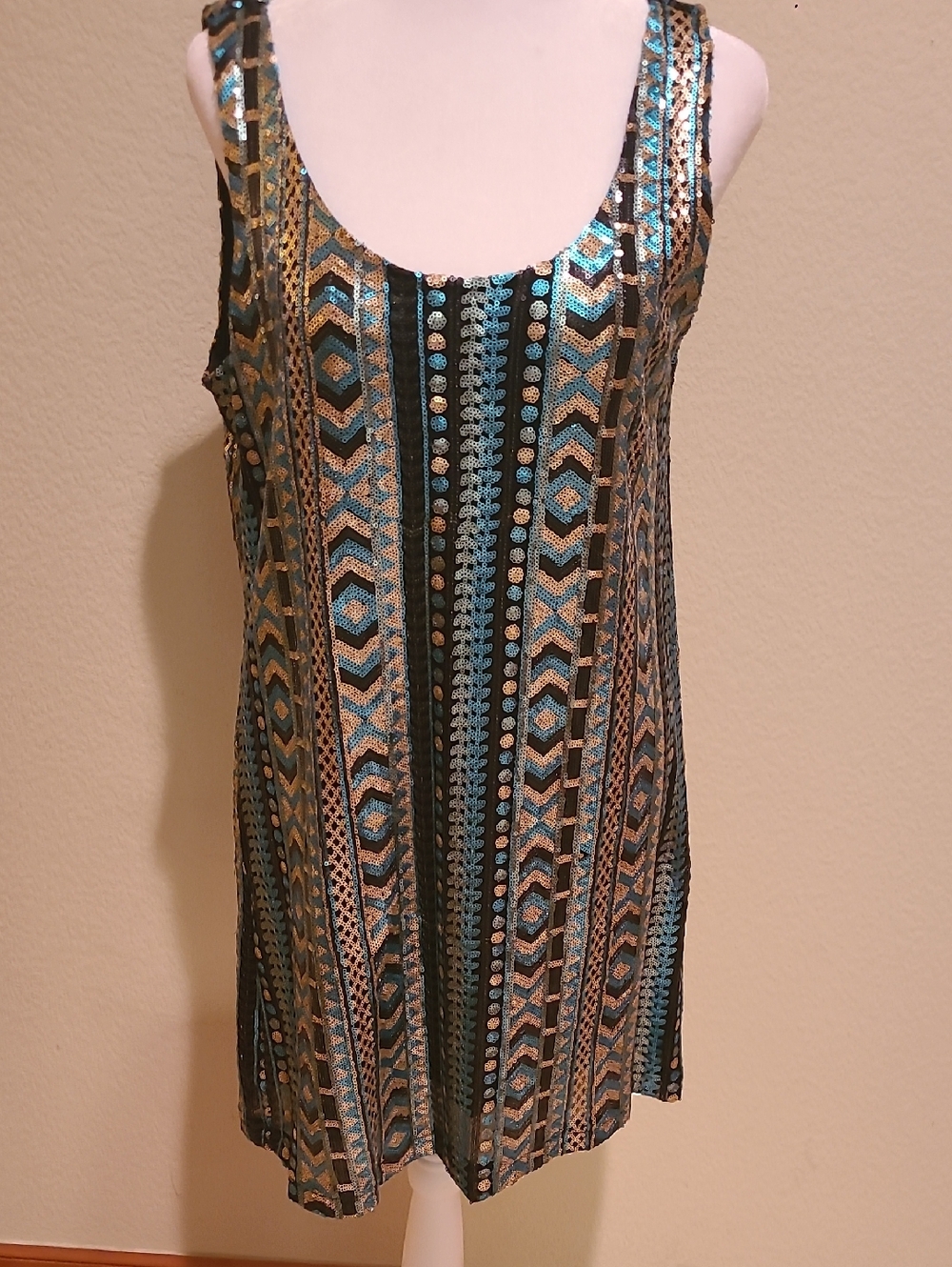 Everybody talks Sequined Striped  Dress - Teal,Gold, And Black Size L